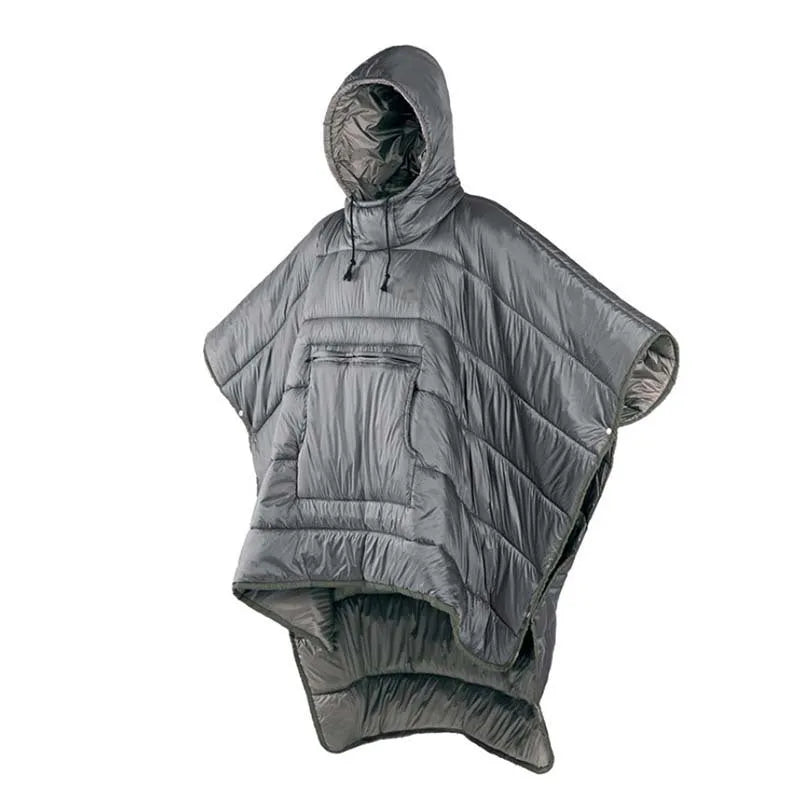 Grey or army green adult wearable sleeping bag cloak measuring 200x140cm with hollow cotton insulation
