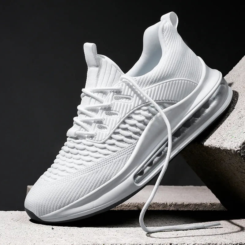Men's black mesh running shoes with platform sole and lace-up closure