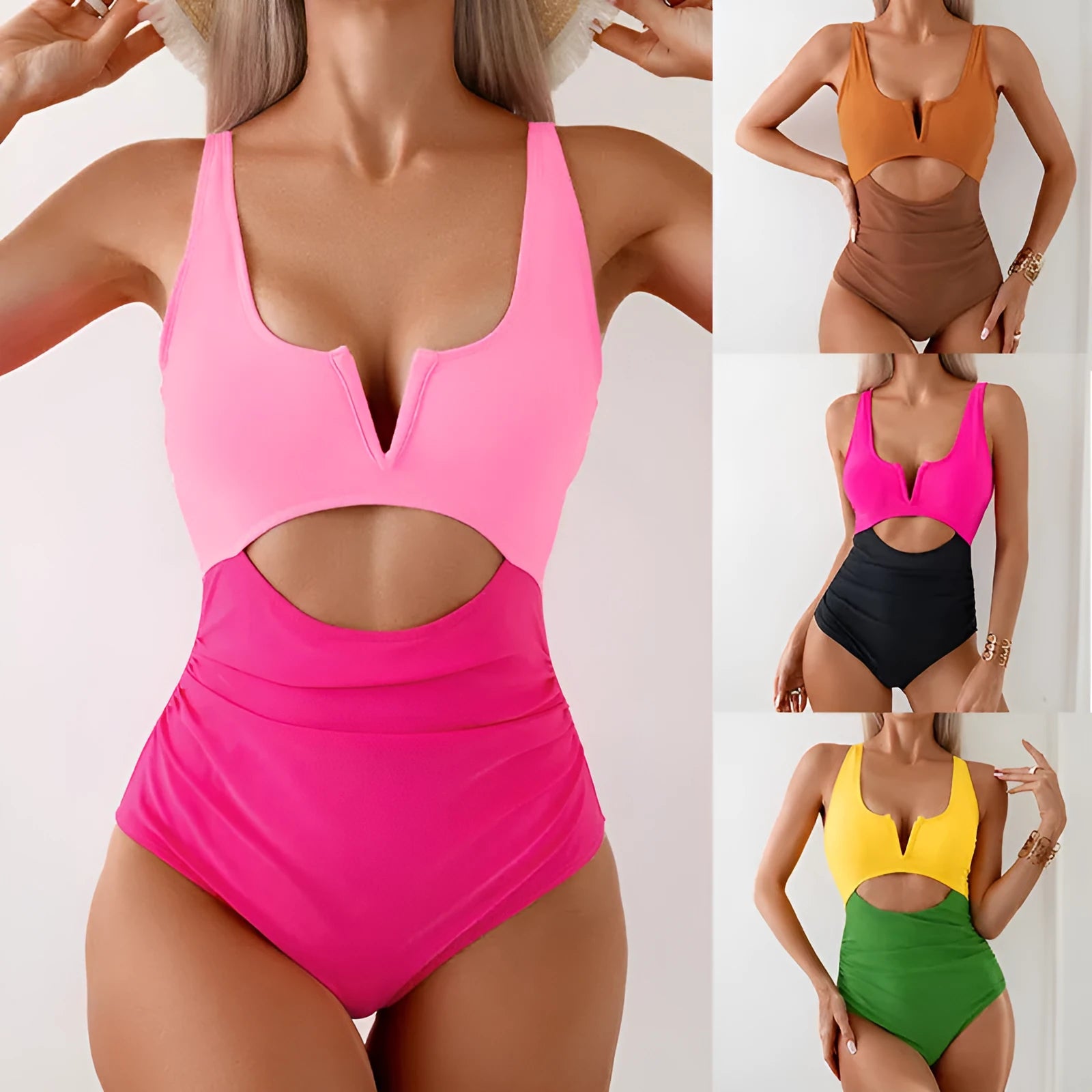 Women's colour block contrast one-piece swimsuit in nylon fabric