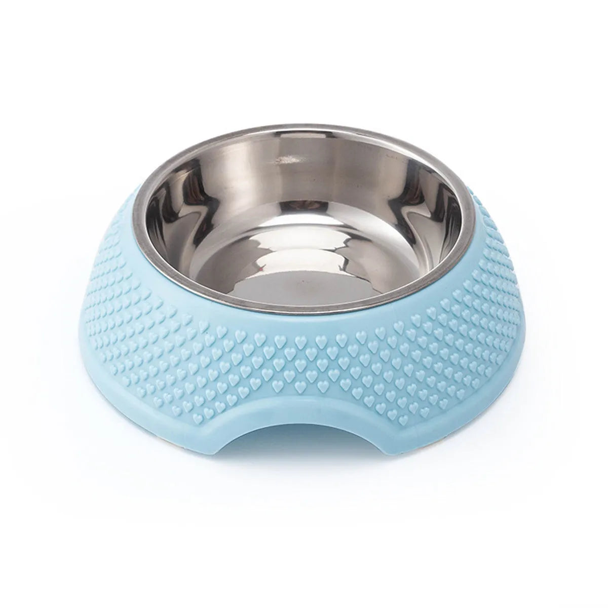 Set of four stainless steel pet bowls with coloured bases, shown from above.