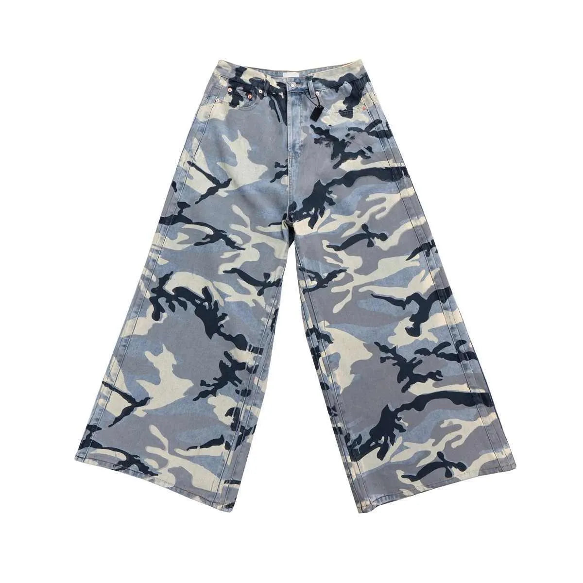 Snow camouflage blue loose fit jeans trousers with cotton elastic denim fabric