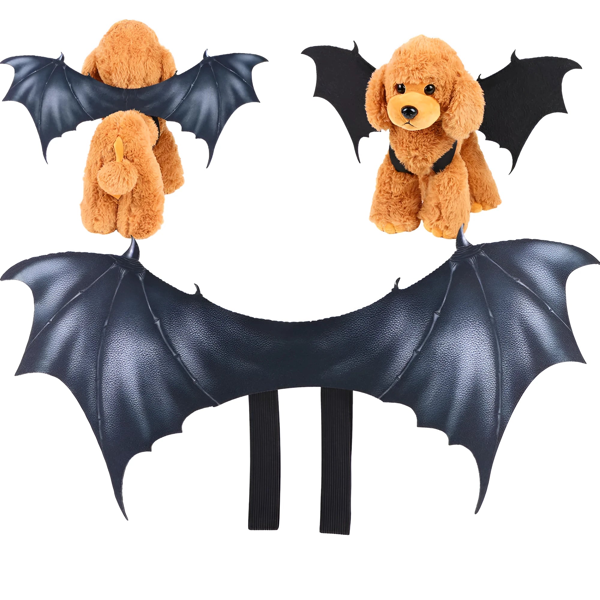 Black cloth bat wings pet Halloween costume showing three wing size options for dogs and cats
