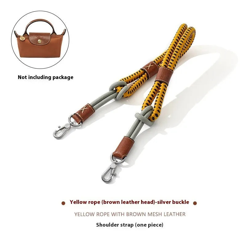 Braided nylon and cowhide leather crossbody strap with alloy buckle in gold or silver finish