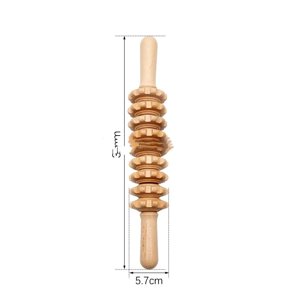 Set of natural beech wood massage rollers including T-shaped, 9-wheel, 12-wheel, and 13-wheel designs.