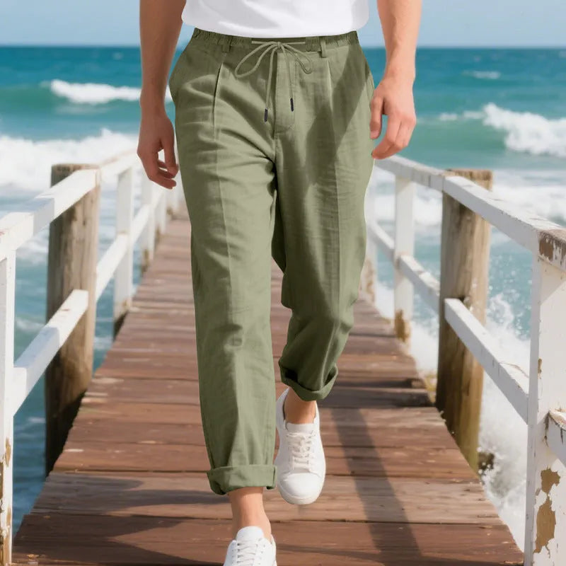 Men's linen trousers with drawstring waist in straight leg design showing army green colour option