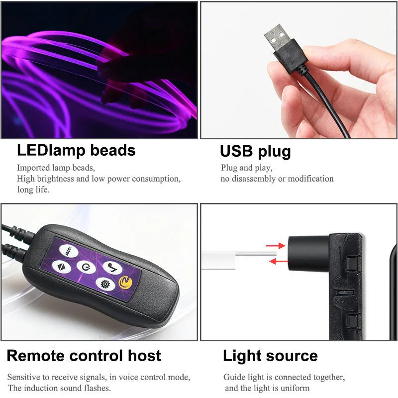 USB-powered colour changing LED ambient light strip for car dashboard and centre console illumination.