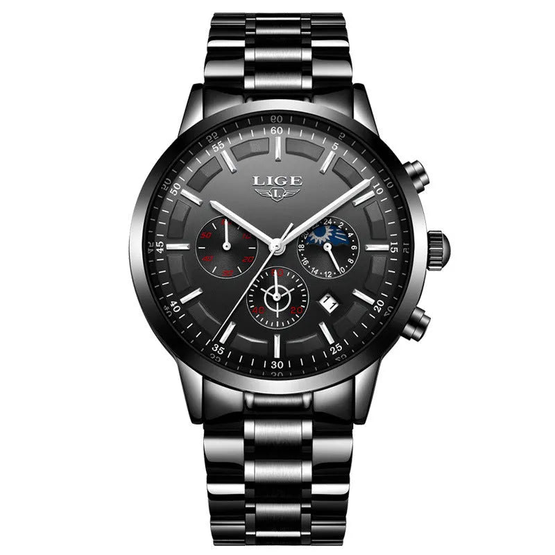 Men's waterproof quartz watch in black and rose red gold with 12mm thickness on wrist
