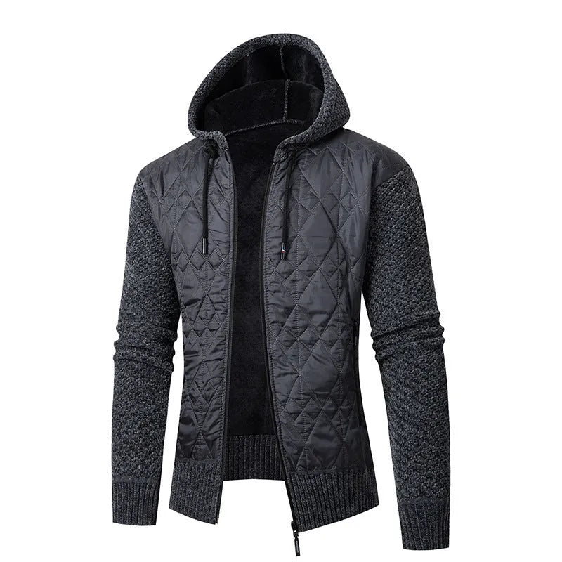 Men's grey corduroy hooded sweater coat with cinched waist design showing wool composition and cotton filler