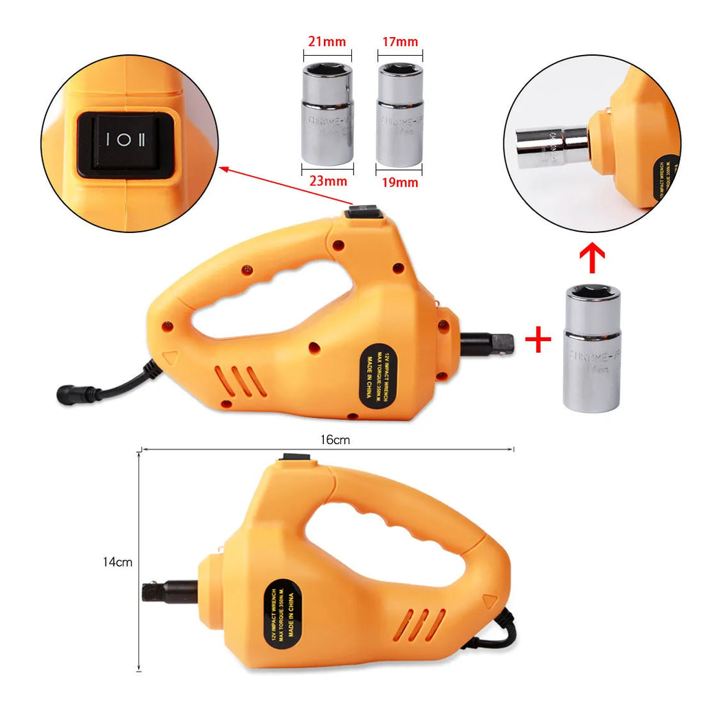 Yellow 12V electric car jack set with electric wrench for vehicle tyre changes