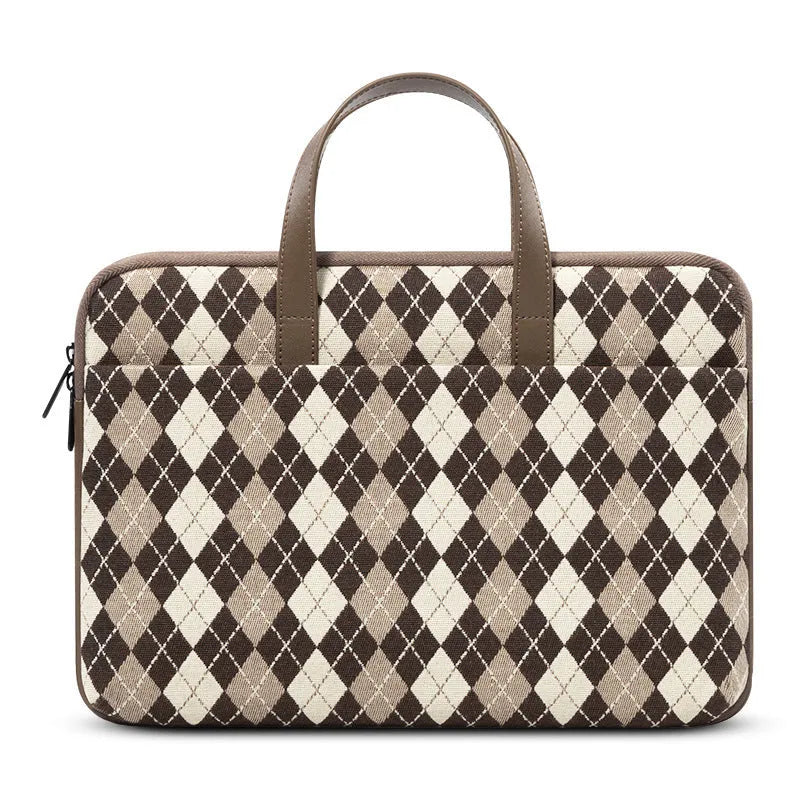 Protective padded laptop sleeve with airbag lining, zip closure, and leather carry loop, Diamond Apricot colour