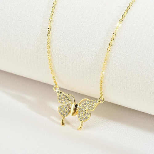 Gold titanium steel clavicle necklace with magnetic butterfly pendant on twisted chain