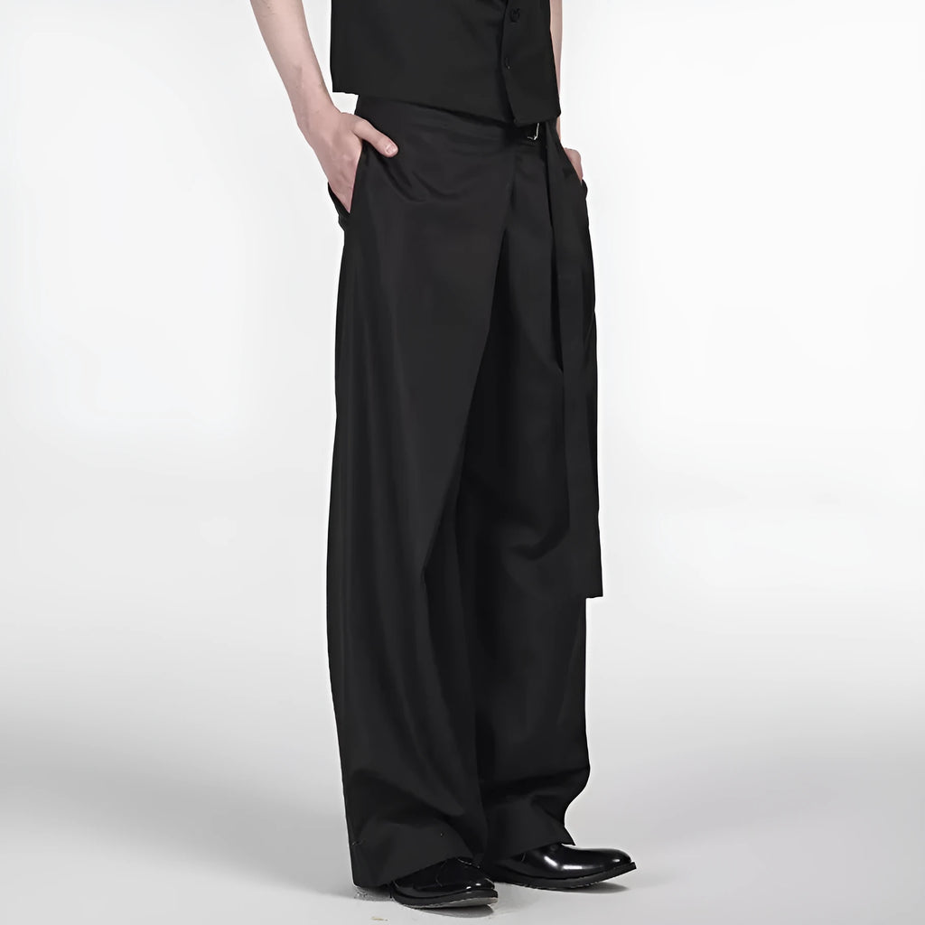 Black straight-leg trousers with a single pleat front and an adjustable waistband, laid flat.