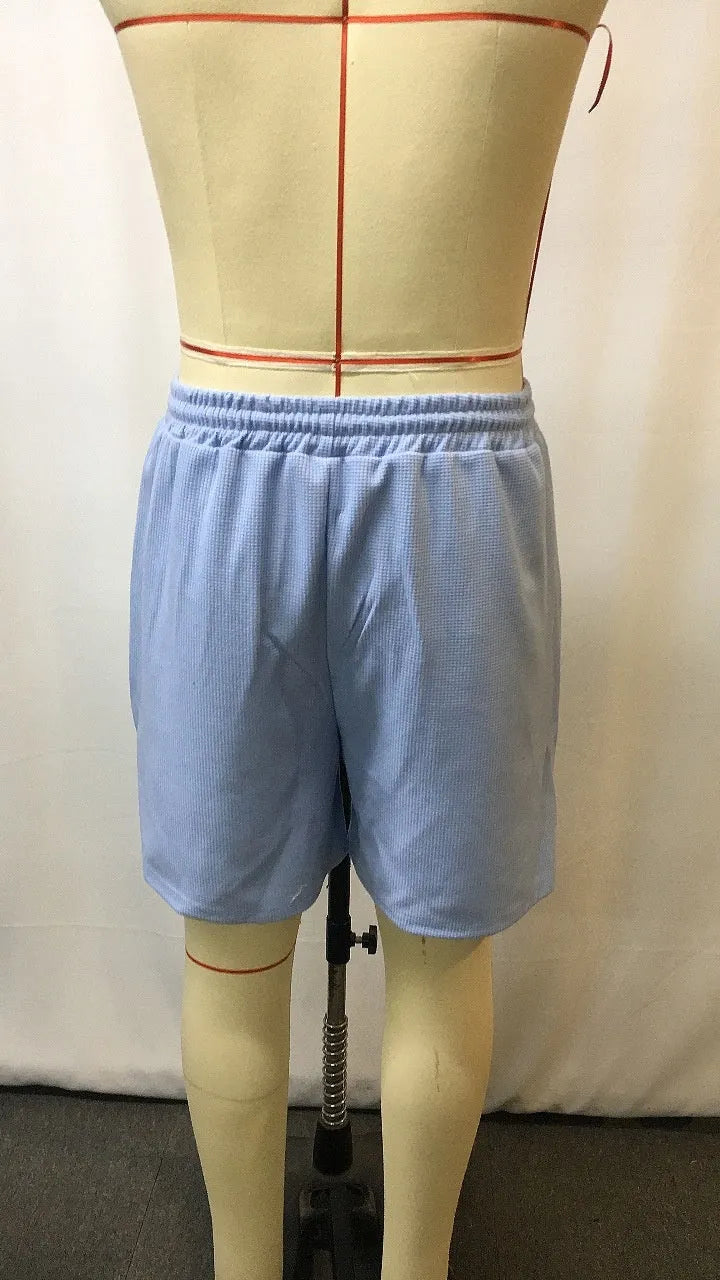 Men's retro waffle knit light blue polyester stretch shorts with wide leg, summer casual surfing wear