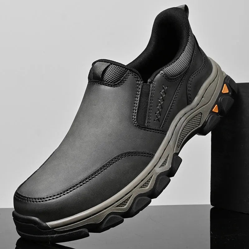 Men's dark brown casual shoes with PU leather upper and rubber sole shown in round toe flat heel design