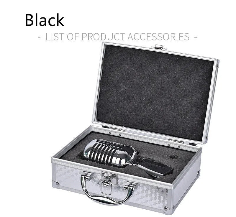 Retro metal wired microphone in black or silver with cardioid pickup pattern