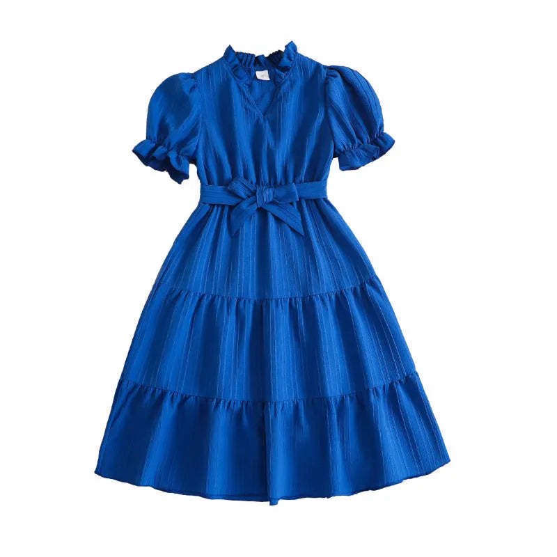 Girls' blue V-neck puff sleeve lace-up dress with A-line skirt, cotton blend, for ages 8-11
