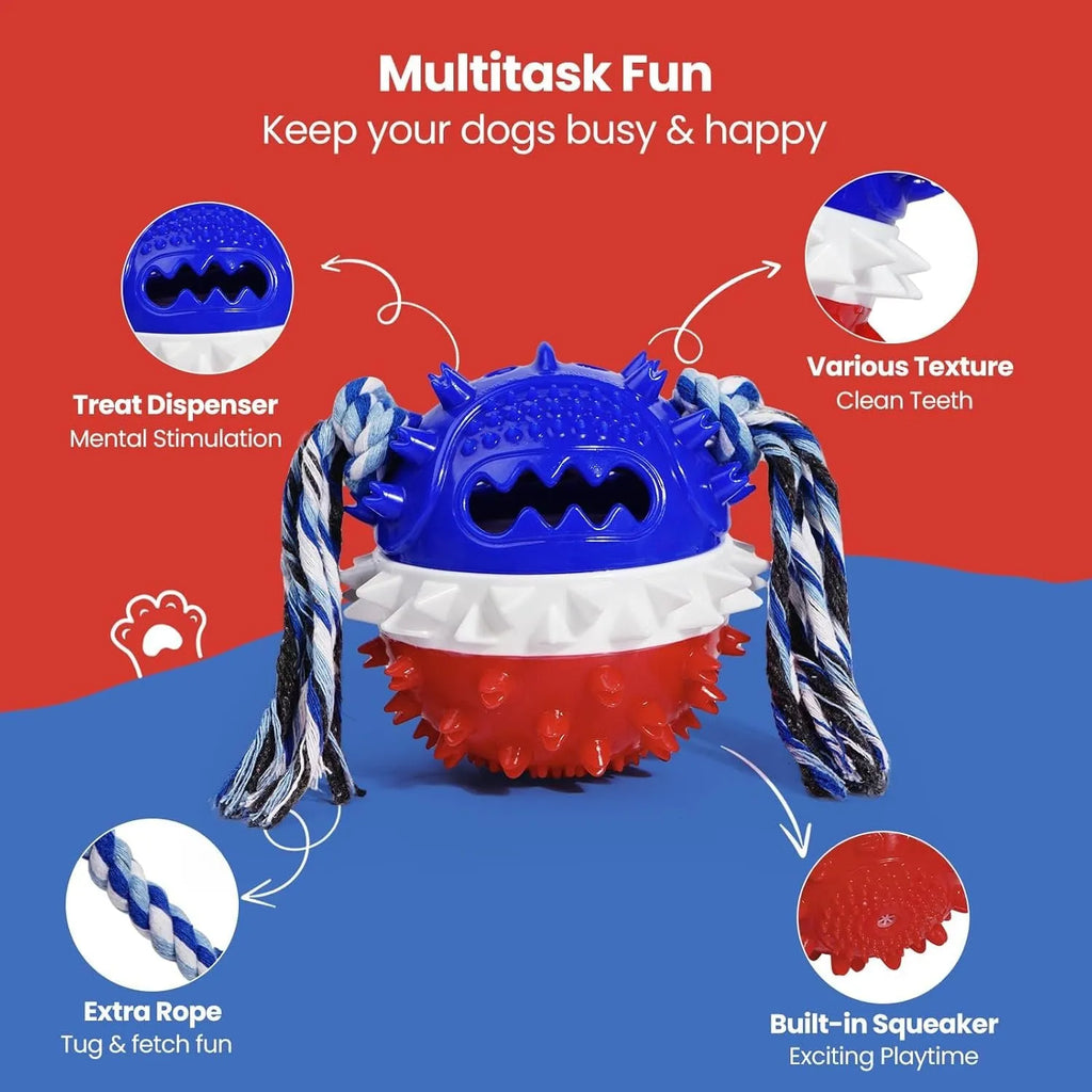 Blue and red TPR rubber squeaky dog ball with treat hole and rope tug.