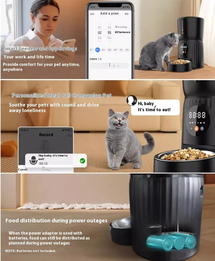 Black automatic pet feeder with digital display and food container showing portion control settings