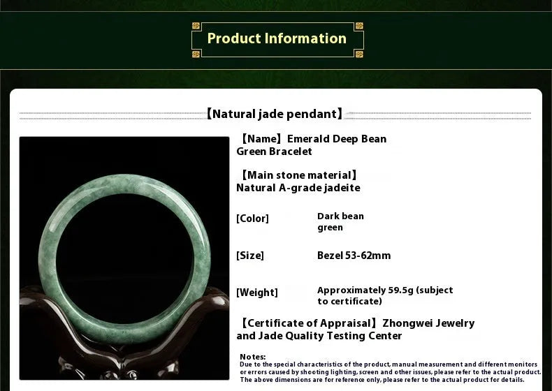 A simple deep pea green women's bracelet shown with a gift box and certificate.