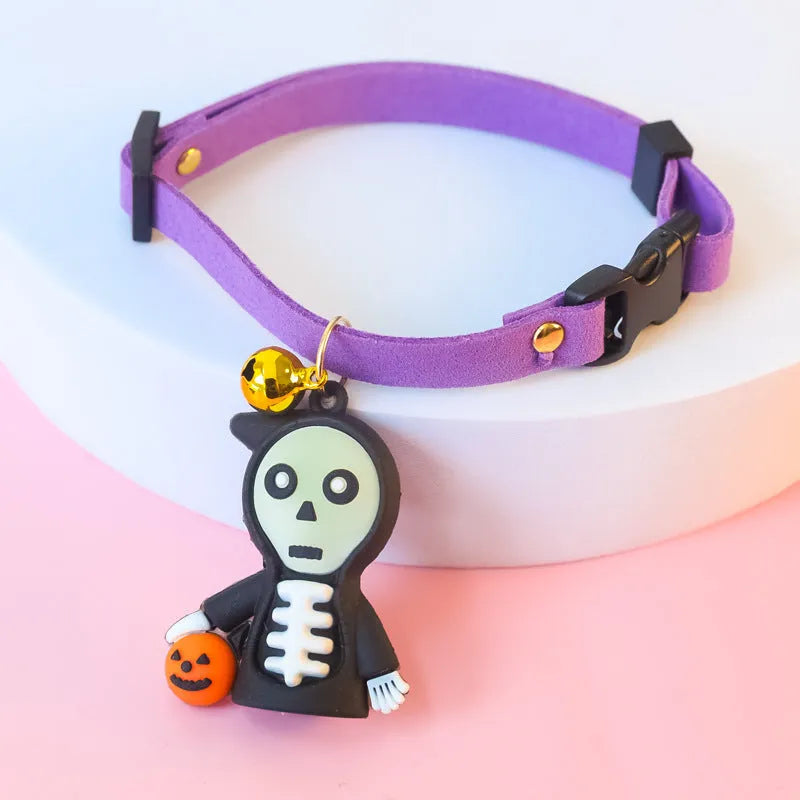 Halloween pet collar decoration on a dog, showing luminous skull pattern and adjustable polyester band.