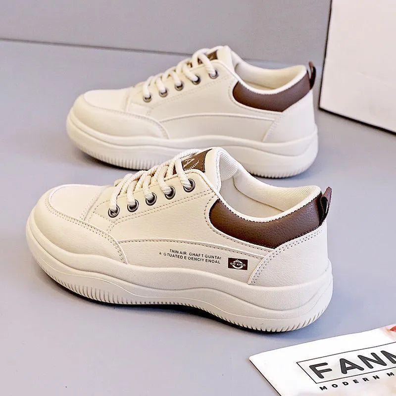 Women's Korean-style white synthetic leather casual shoes with cross straps and round toe
