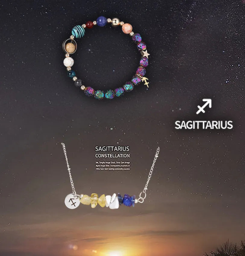 Natural stone necklace and bracelet set on display showing zodiac sign style options