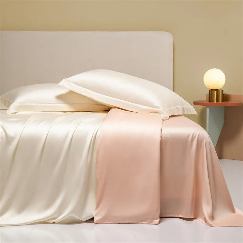 Luxury Lenzing Tencel quilt cover and pillowcase set in a modern style, showing colour options like Aurora Blue.