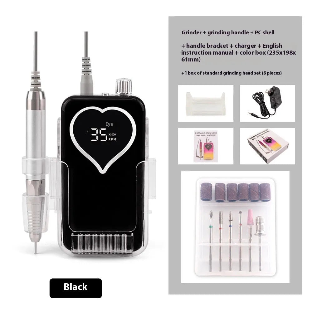 Brushless nail polishing machine with six-piece grinding head set and charger