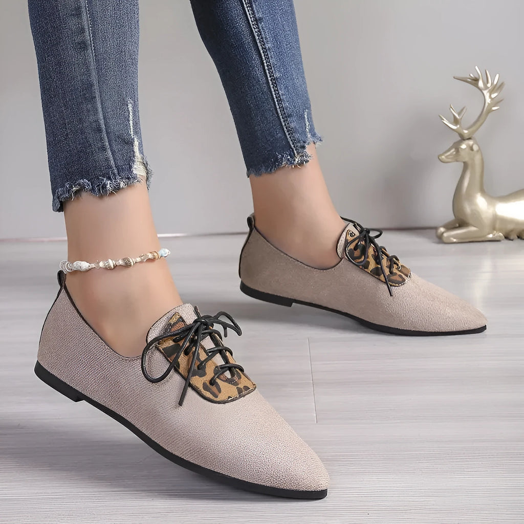 Beige leopard print women's plus size pumps with pointed toe design showing sizes 36-43