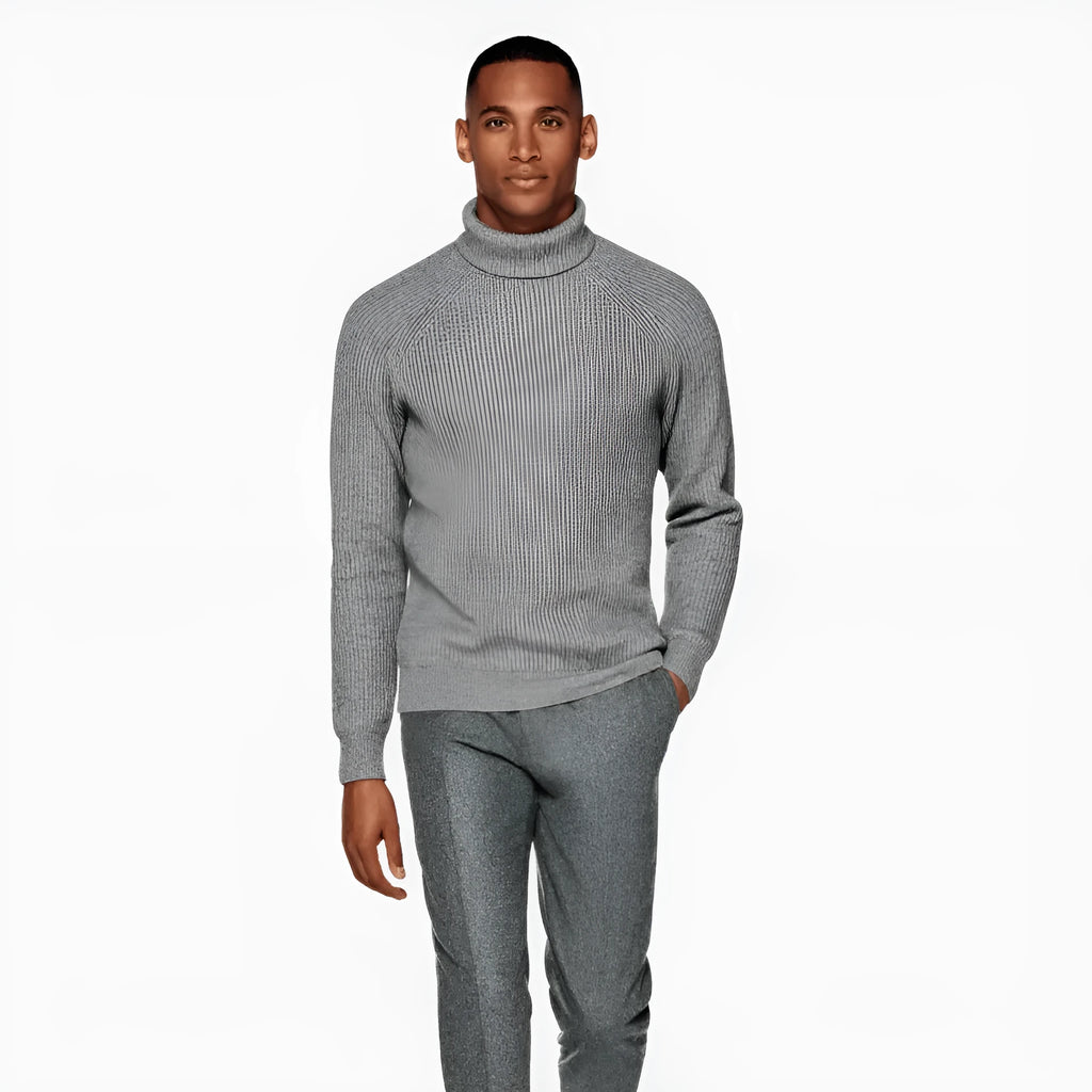 Men's 100% cashmere high-neck knitted sweater in oatmeal colour, long sleeves, front view