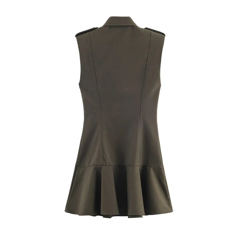 Women's short dress with padded shoulder and laminated decoration, asymmetric hem, pleated nylon fabric, stripes and plaid pattern