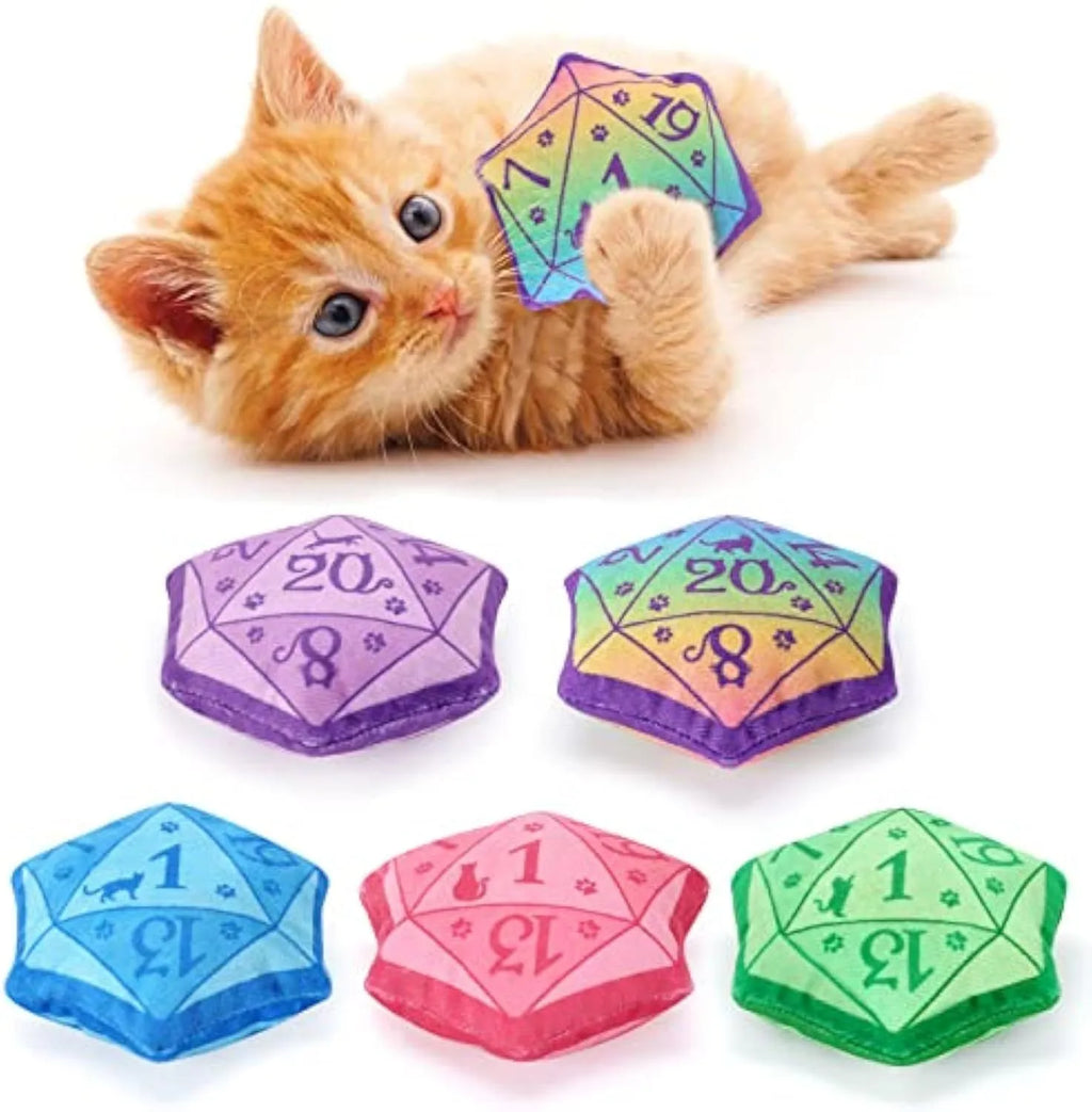 Dice-shaped catnip toy in four colour options for DND gaming cat play