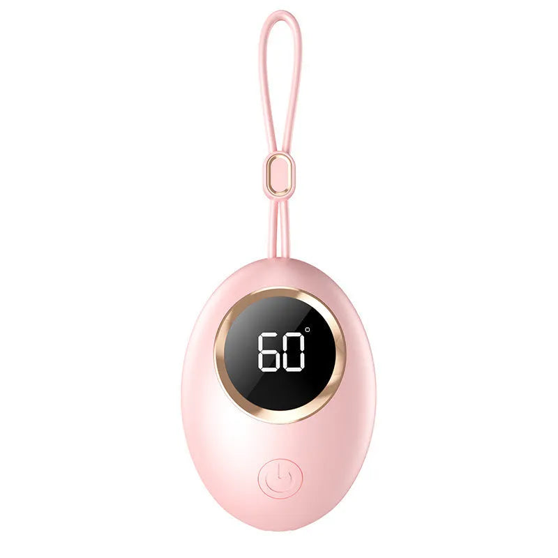 USB-powered hand warmer power bank with digital display in various colour options.