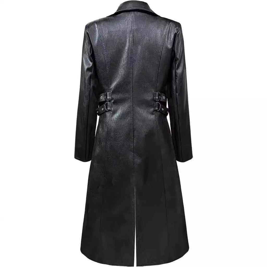 Mid-length PU leather trench coat in Black, retro design, full front view