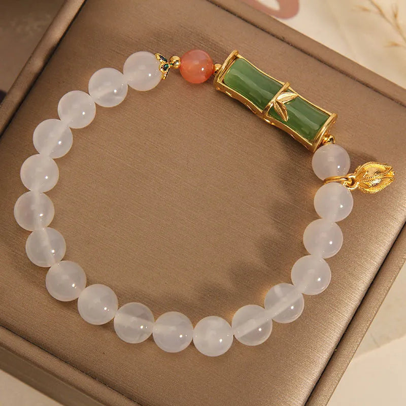 Women's Chinese style bamboo beaded bracelet with white agate and jade components