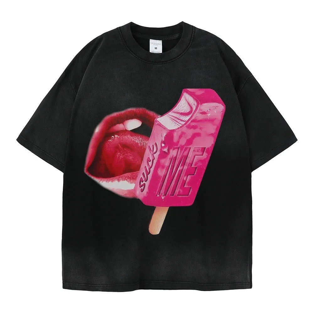 Heavy washed short-sleeved cotton t-shirt in loose pullover fit on a hanger