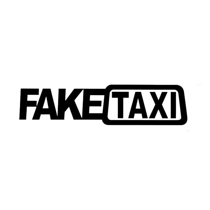 FAKE TAXI car warning sticker in yellow, black and white colour options measuring 20 by 8 centimetres