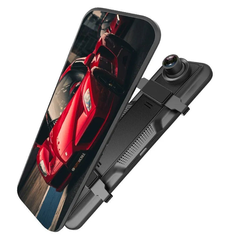 HD 1080p dual lens rearview mirror recorder with 9.66-inch touch screen showing front and rear video