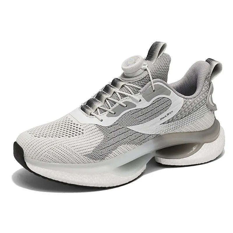 White rotating buckle running shoe with fly-kit mesh upper and low-top design on a solid background.