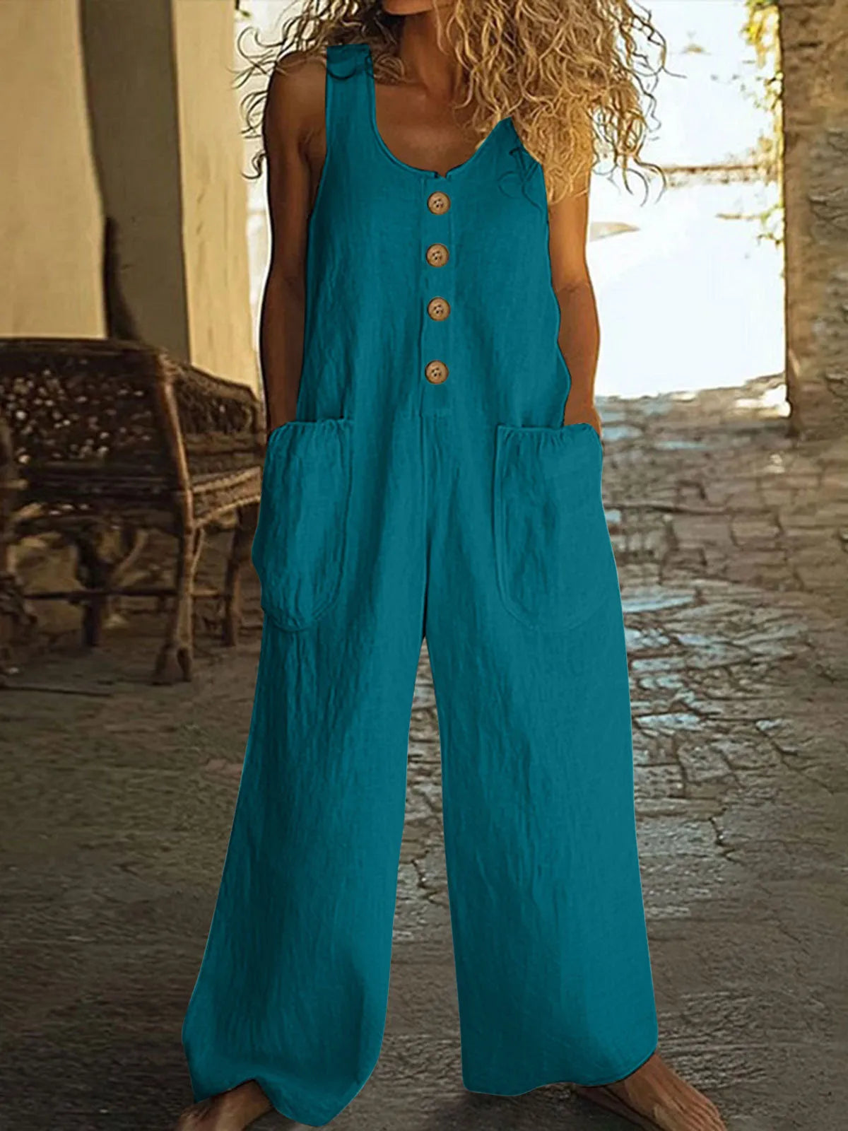 Sleevelwide leg cotton jumpsuit in Art retro style with pockets in various colours