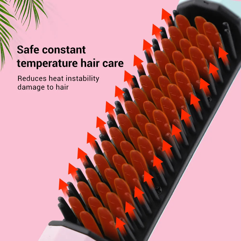 Cordless rechargeable straightening comb in pink, with ABS nylon body and USB charging cable