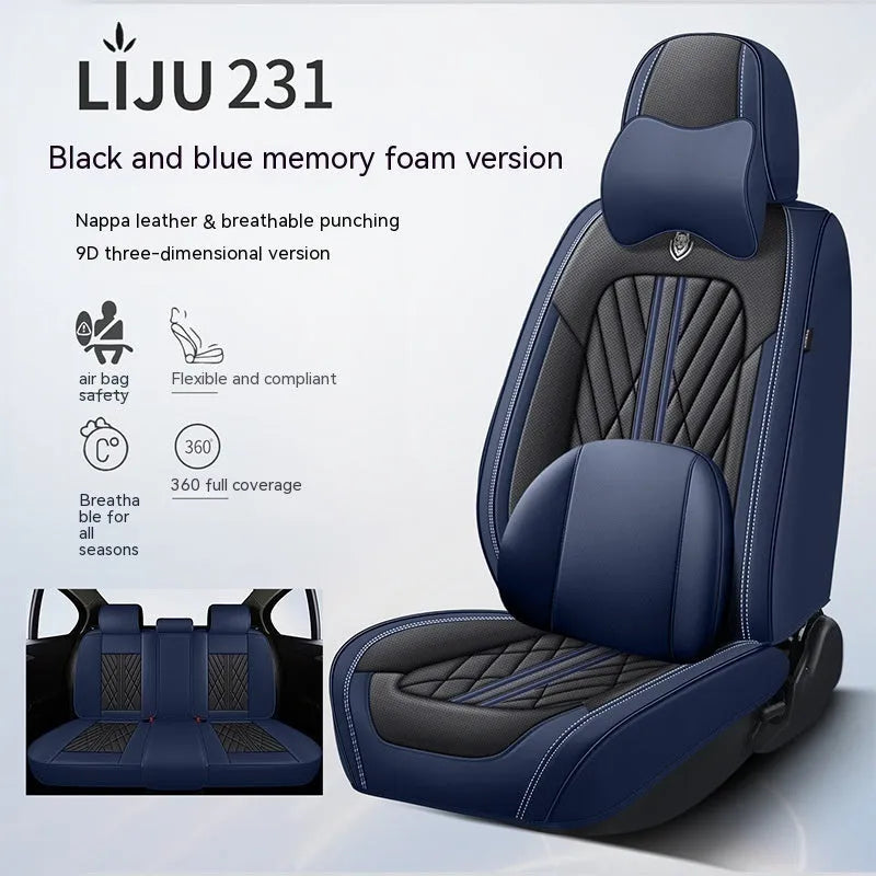 Set of five leather car seat cushions in a choice of colours including black and blue, and beige black.