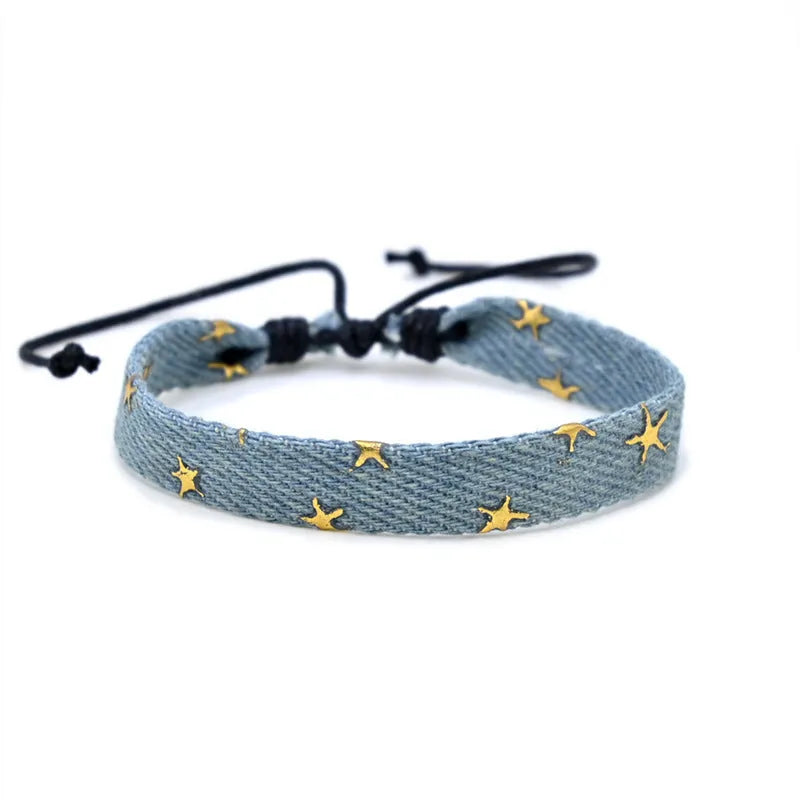 Denim fabric bracelet carrying strap with mixed materials, unisex design for travel