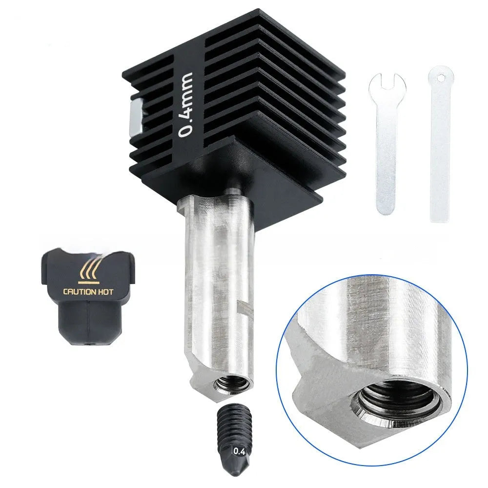 Bambu Lab A1 Mini 3D printer hot end assembly with hardened steel nozzle and black silicone sleeve