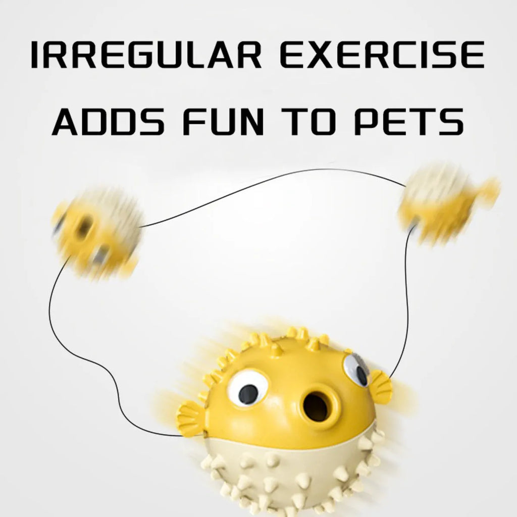 Yellow fish-shaped vinyl dog chew toy with textured surface for teeth cleaning.