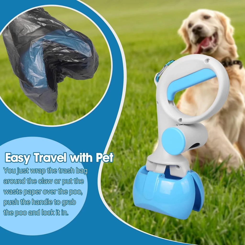 A black ABS plastic pet pooper scooper with an integrated trash bag holder and a top hook.