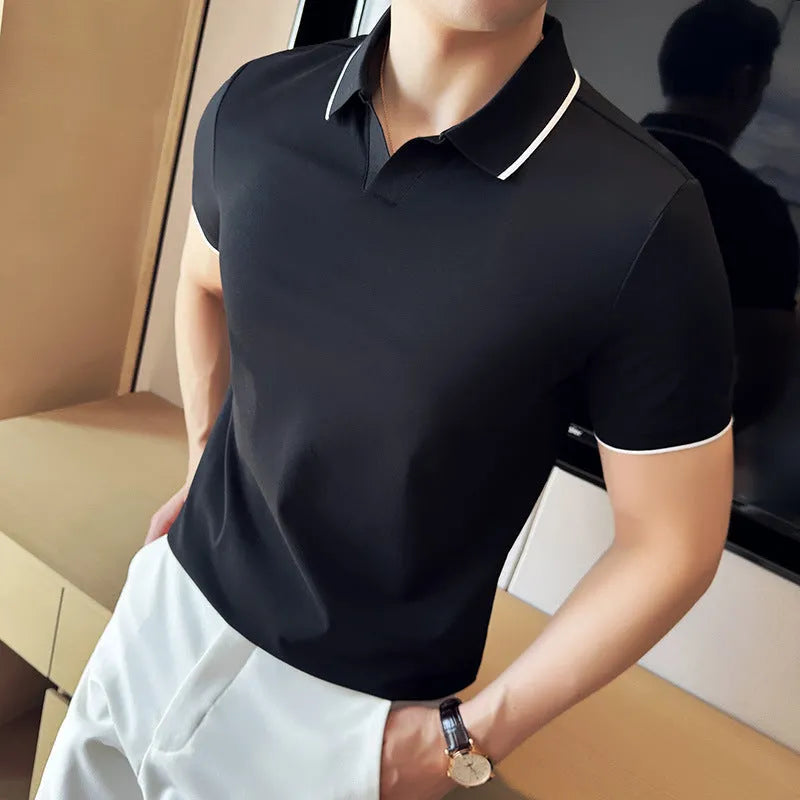 Mens solid colour lapel polo shirt in a cotton blend fabric on a hanger
