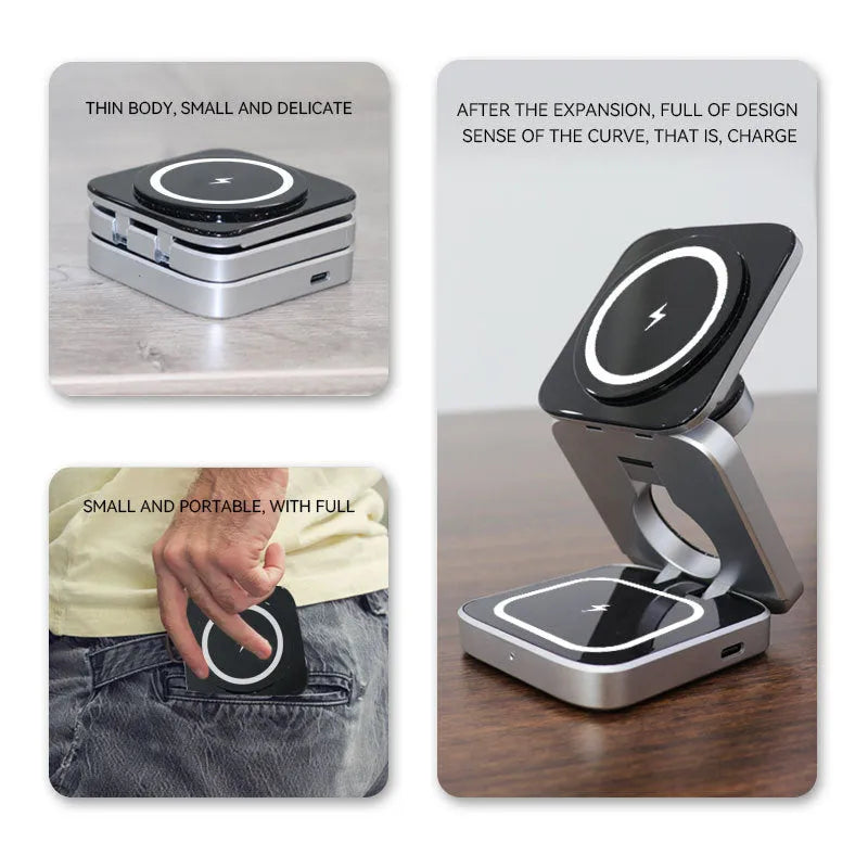Folding three-in-one desktop wireless charging bracket for Apple, Samsung, and Google Pixel devices on a table.