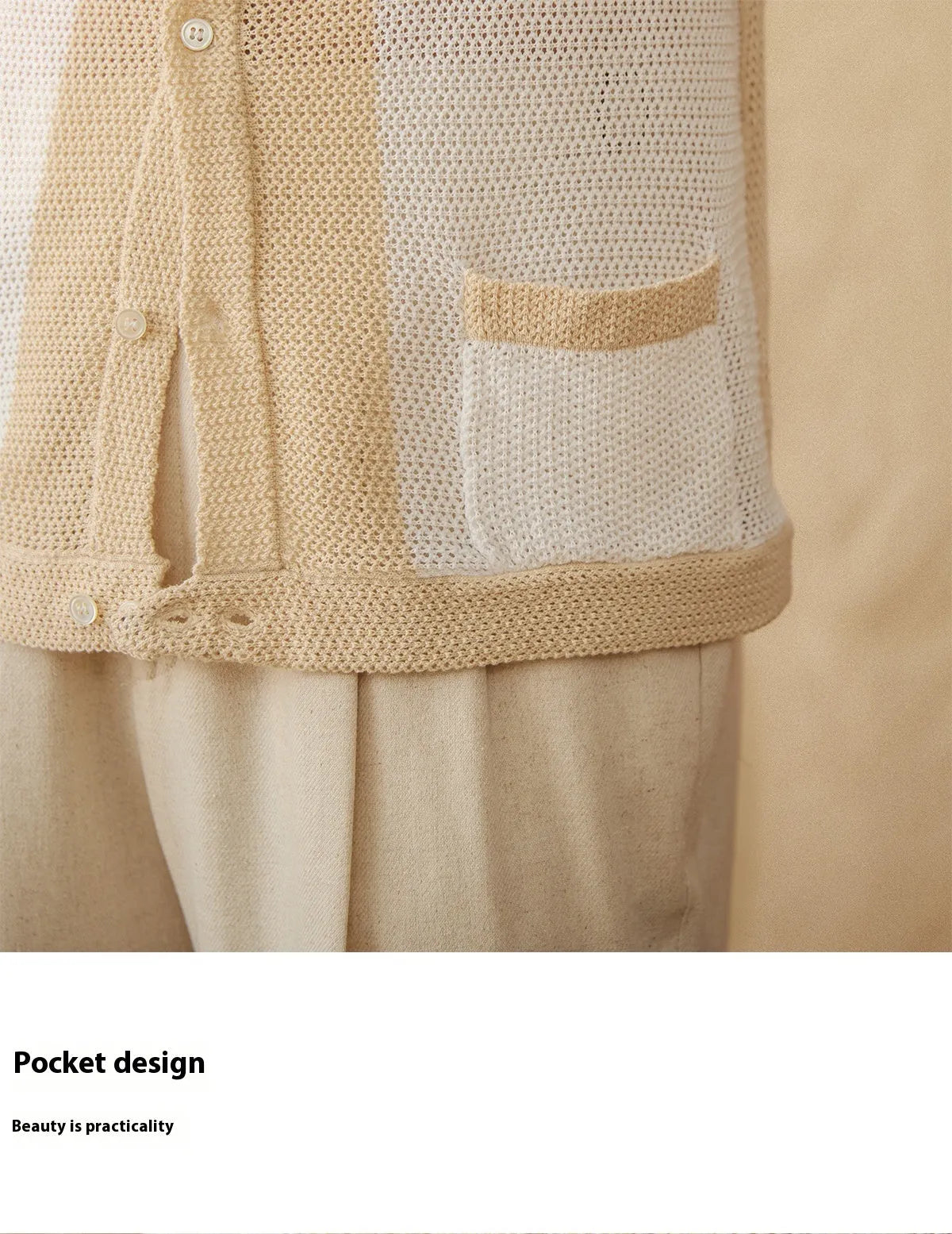 Beige short sleeve knitted cardigan with lapel collar, made from linen and cotton blend fabric.
