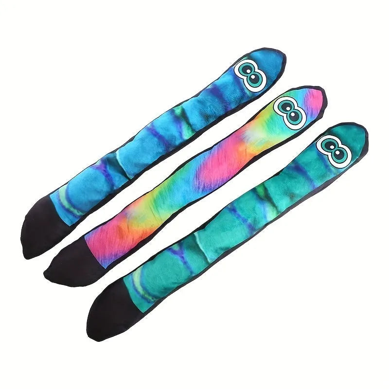 Multicolour snake-shaped plush dog squeaky toy with stripe print pattern